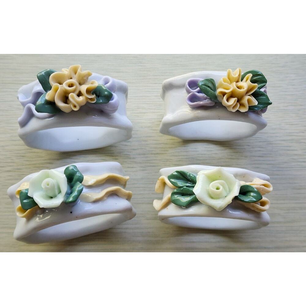 Napkin Rings/Holder-Porcelain-3D Flowers-Yellow-Green-Set of 4